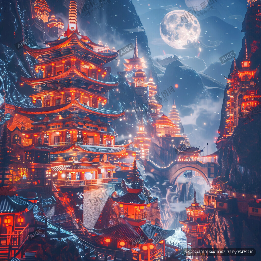 玄幻古镇夜景