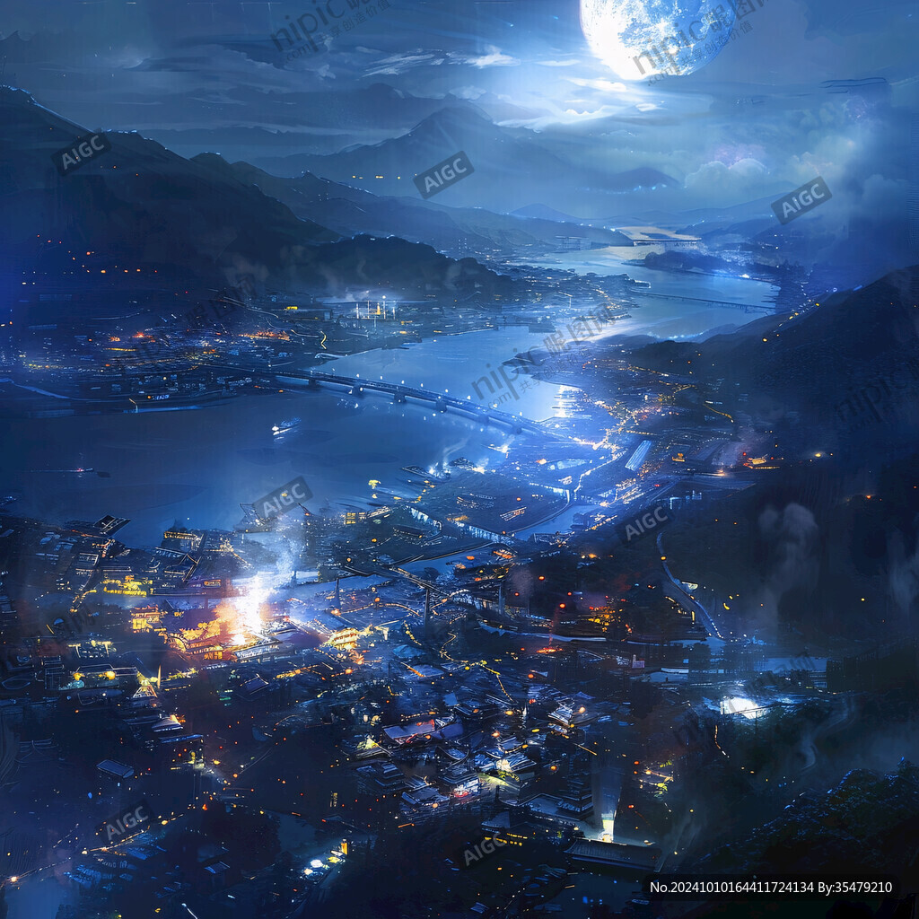 玄幻古镇夜景