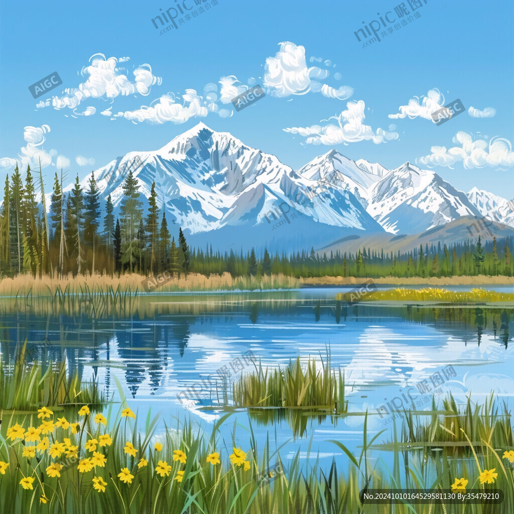 插画山水湖