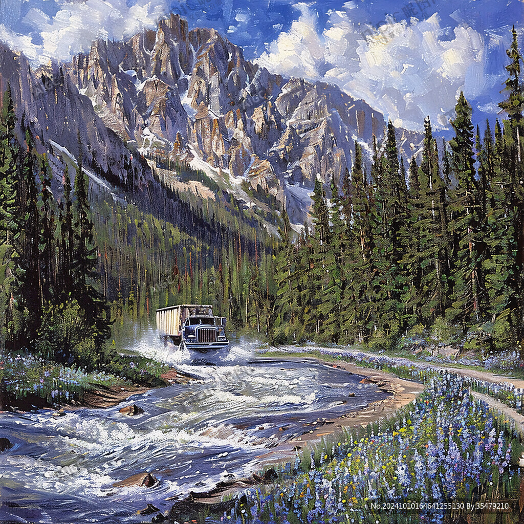 雪山河流油画