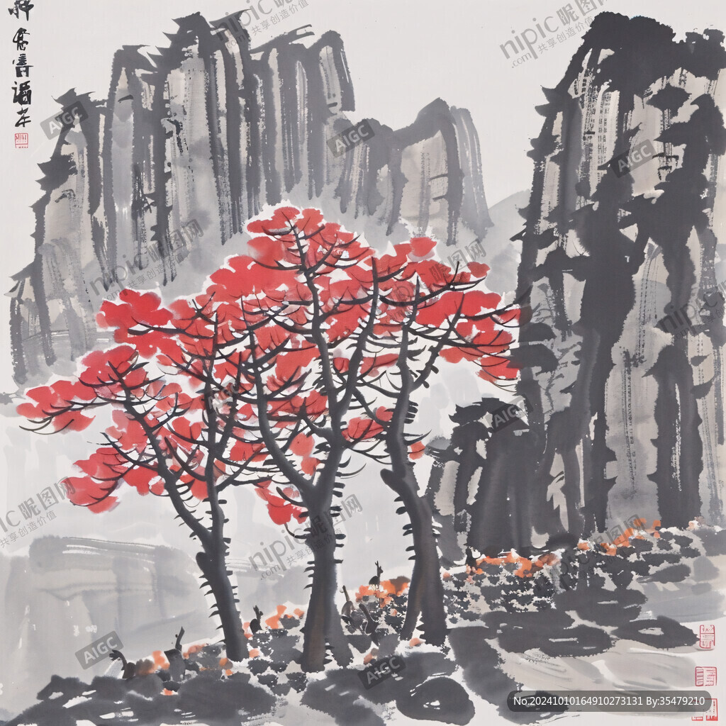 红叶树山水画