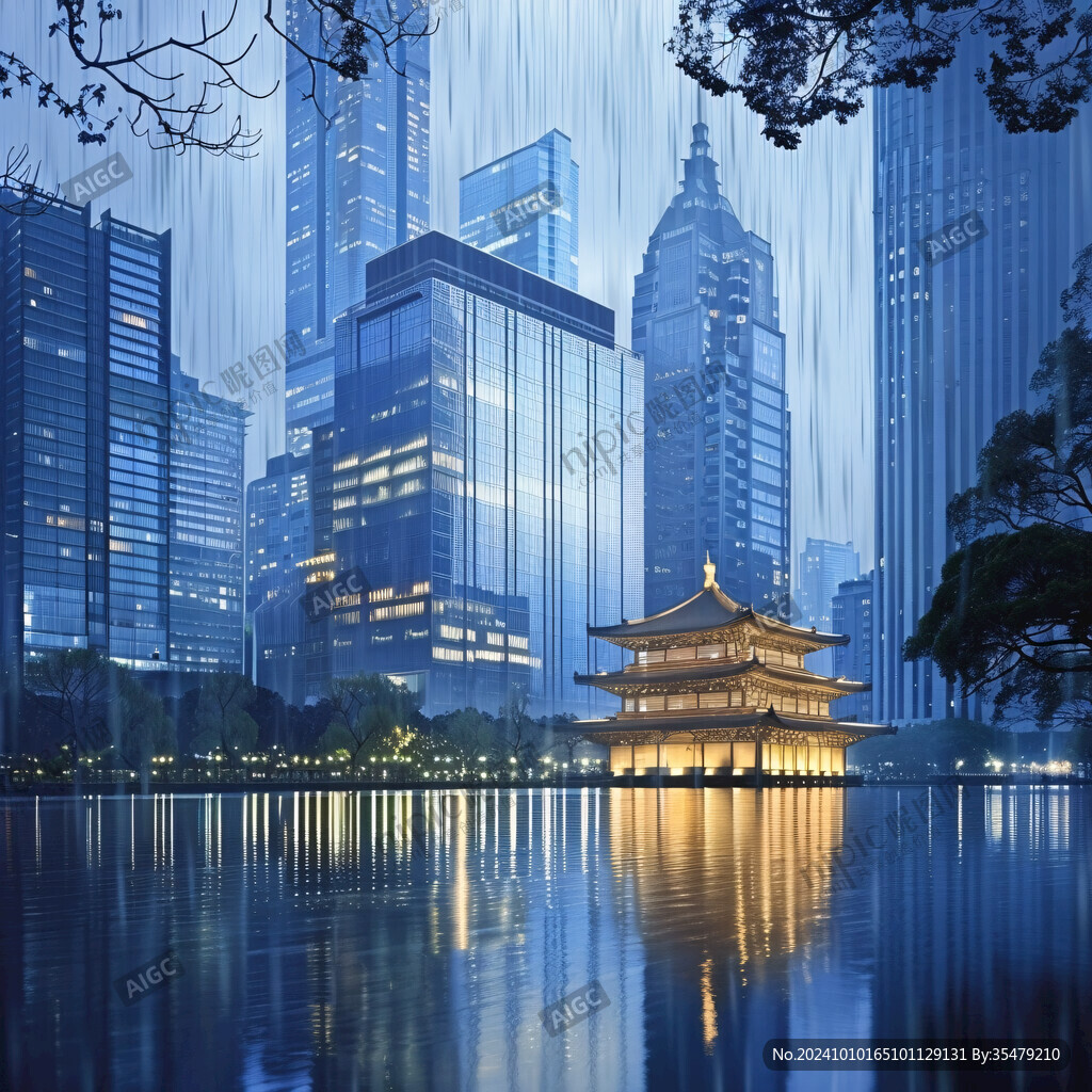 水边城市建筑倒影