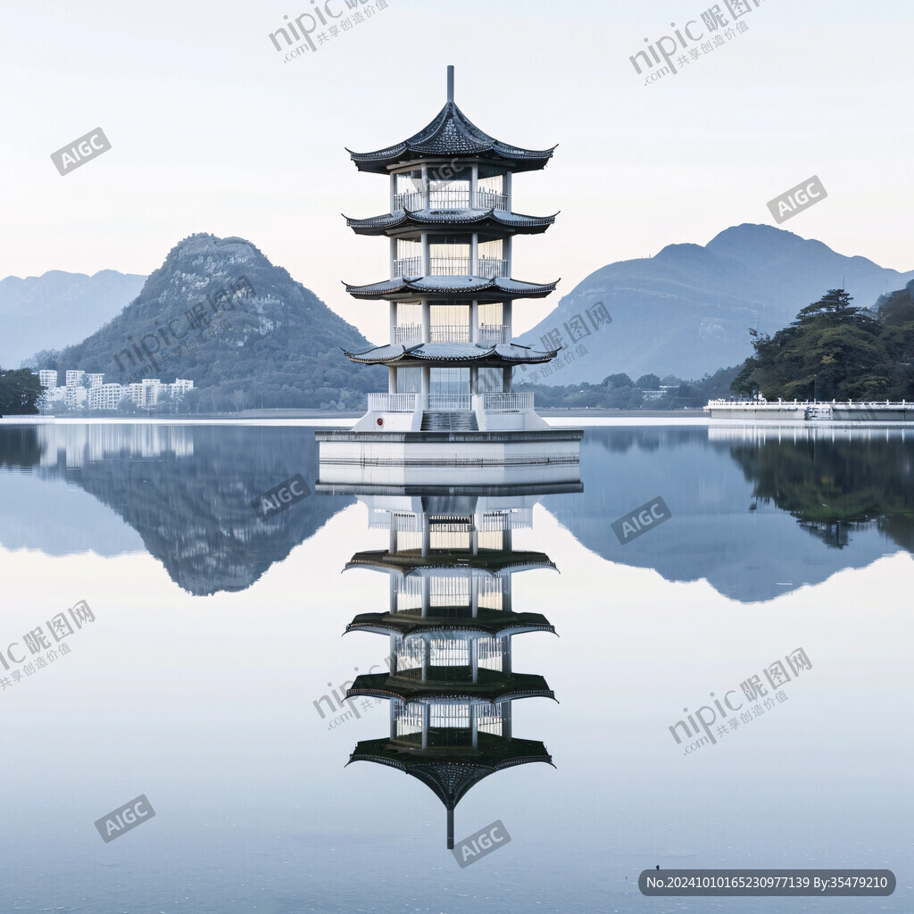 古建筑湖边观景塔
