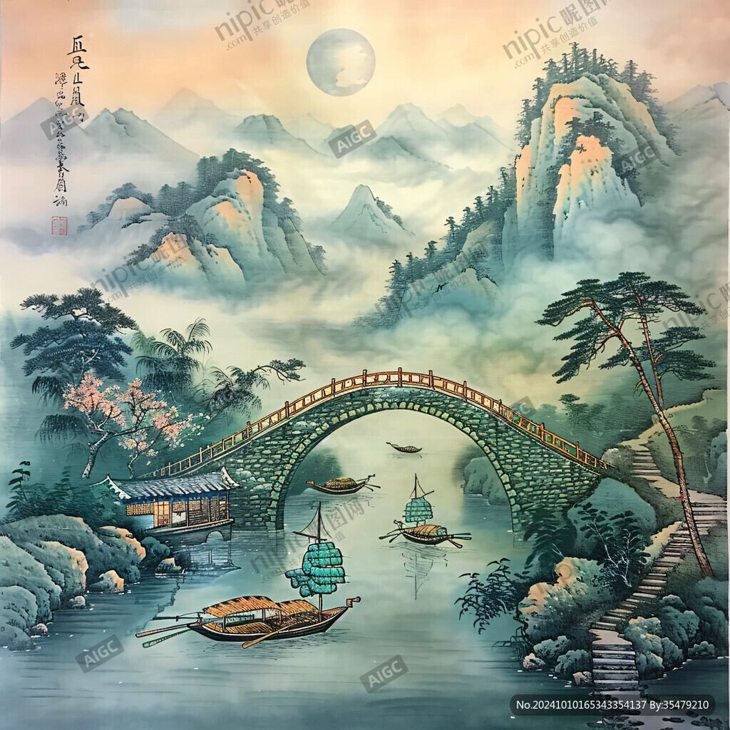 水上船家山水画