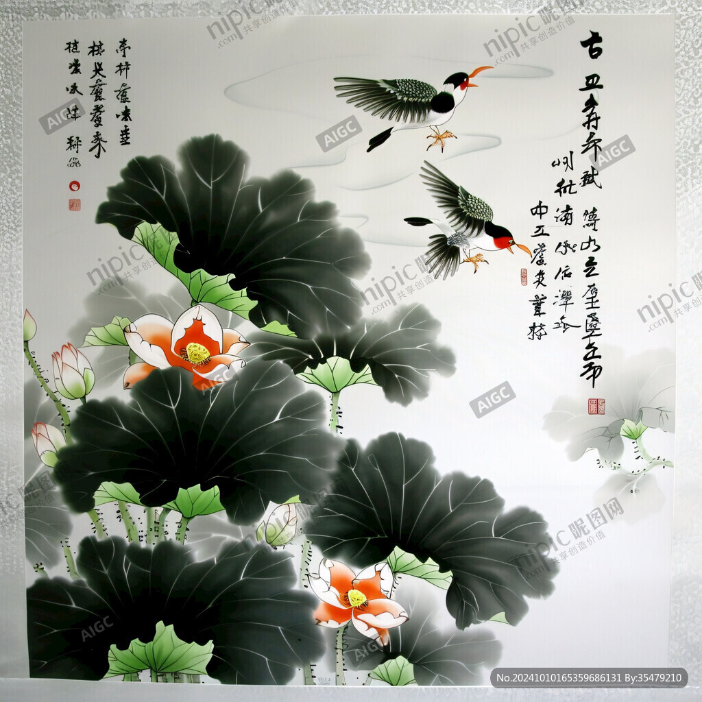 移门工笔画冰晶画鸳鸯