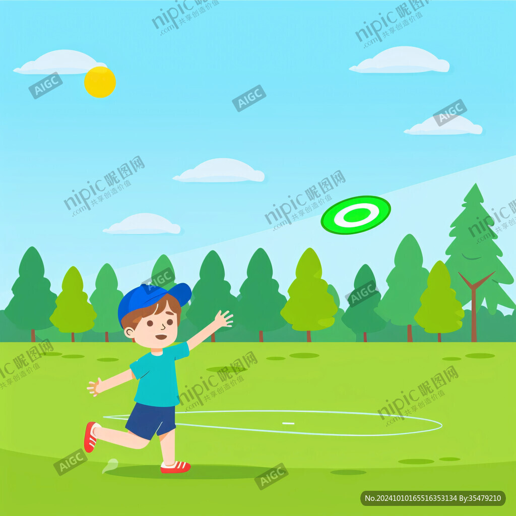 草地奔跑的少年插画