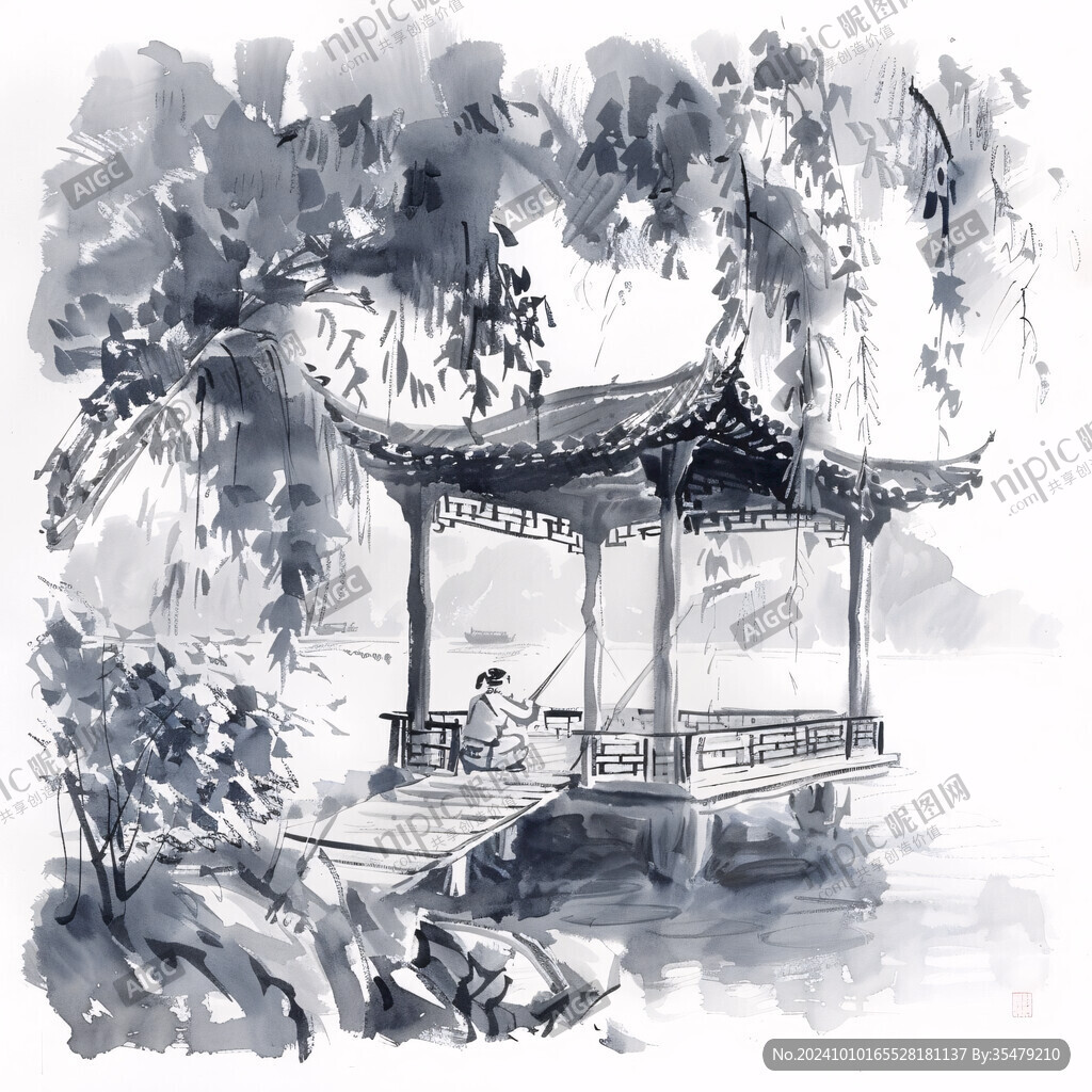 水榭树木水彩画