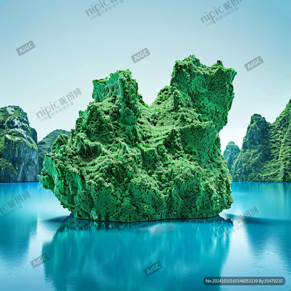 蓝色湖水里的礁石