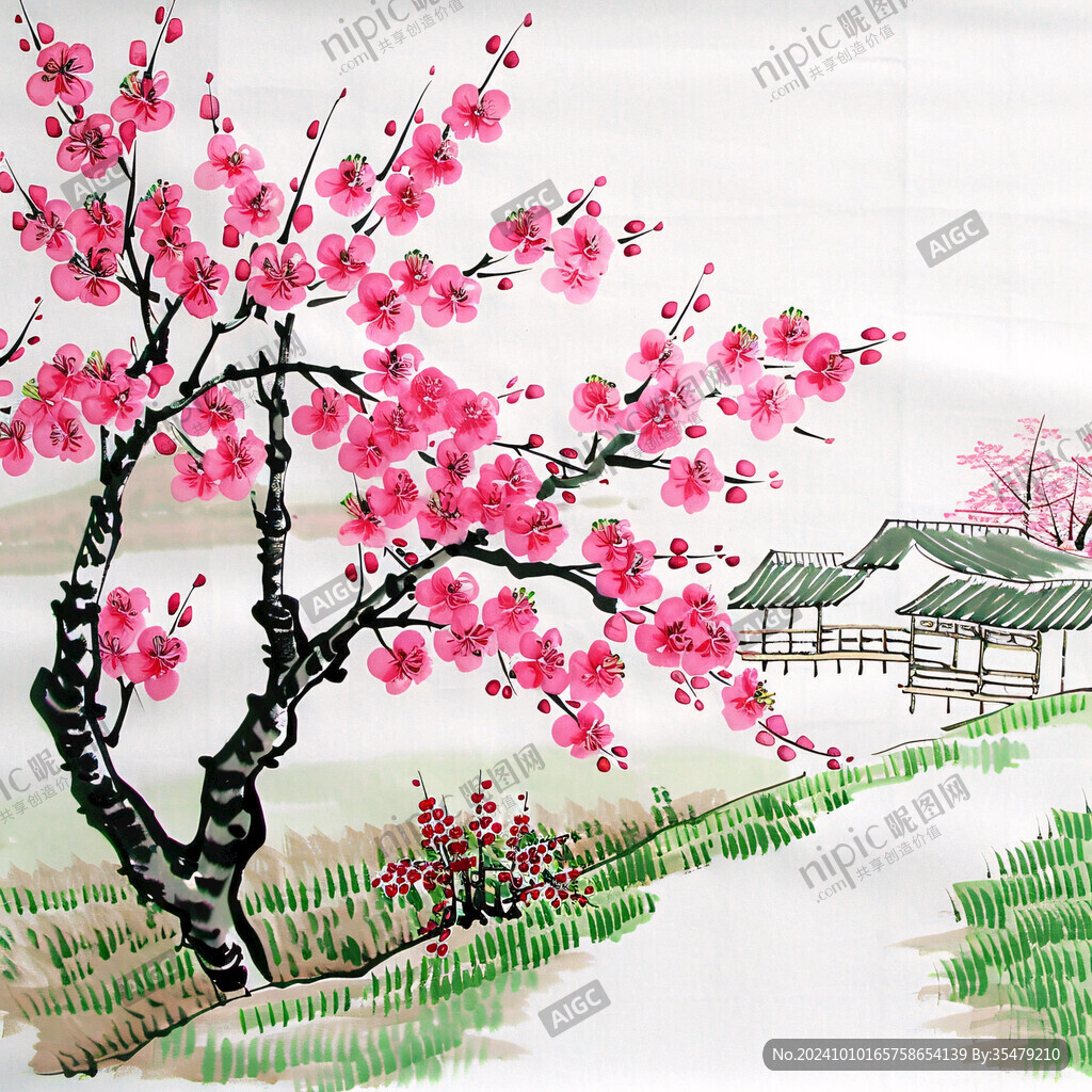 桃红色桃花运国画