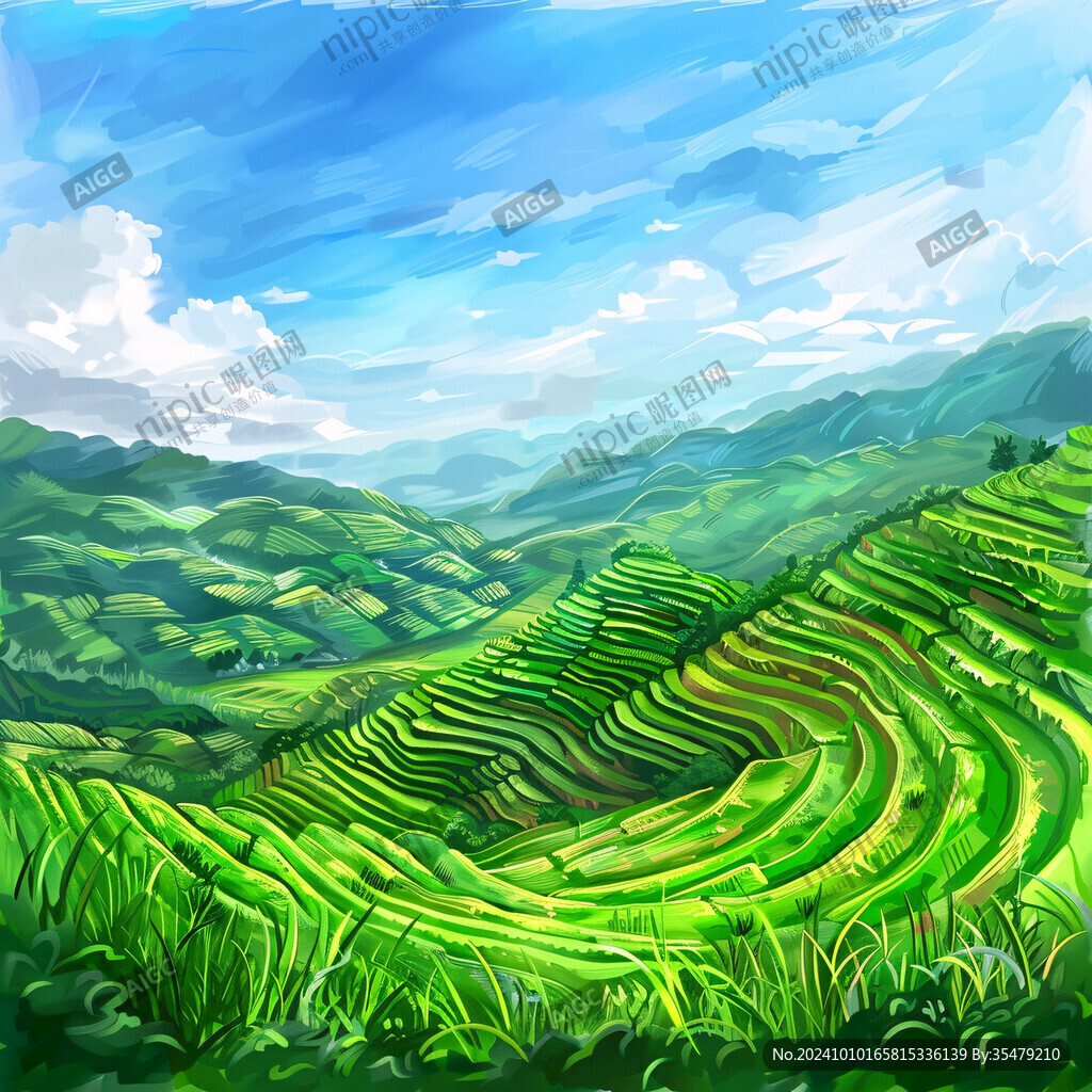 水稻梯田插画