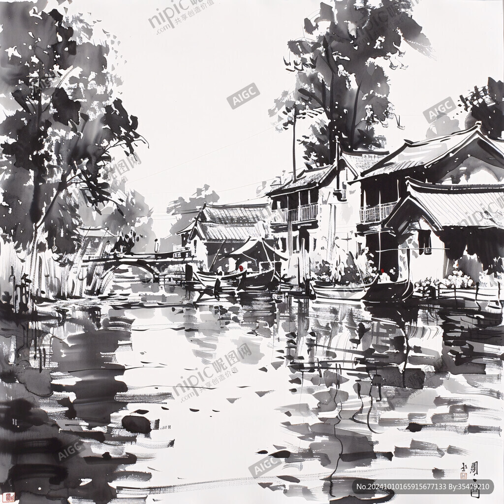 西塘水彩风景画