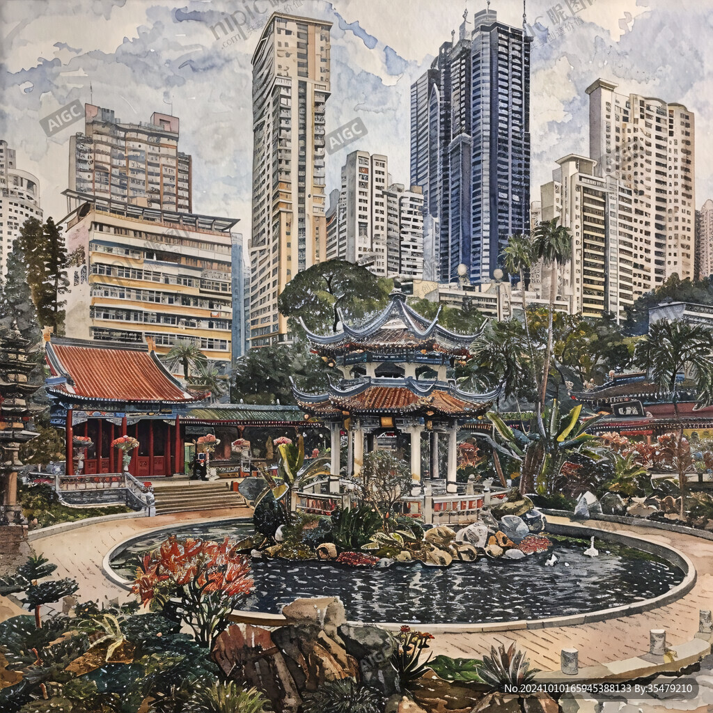 维多利亚湾建筑山水画