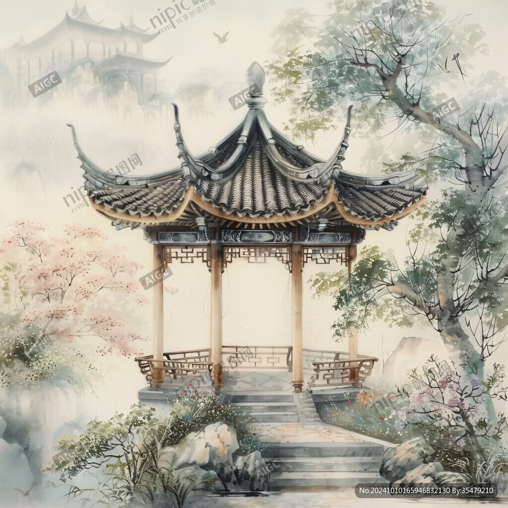 古风亭台楼阁油画