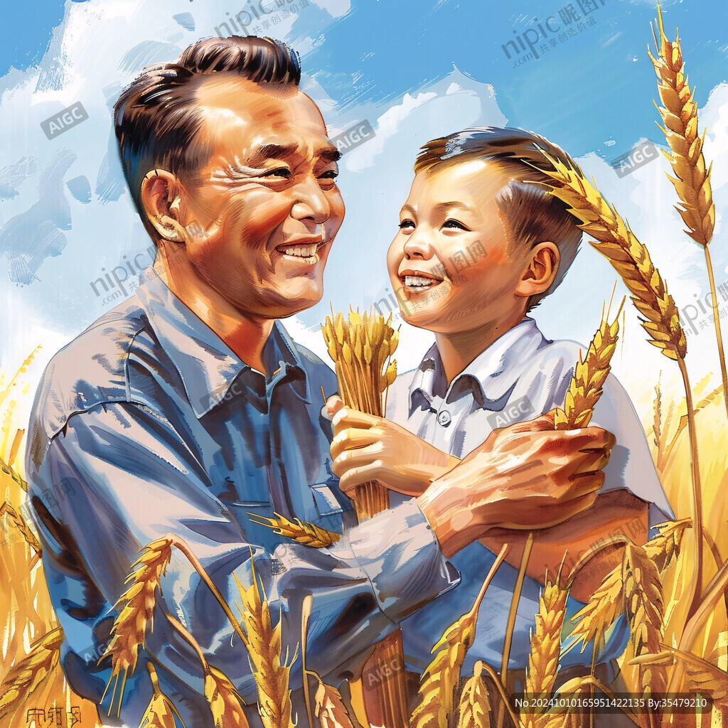 农民抱麦子插画