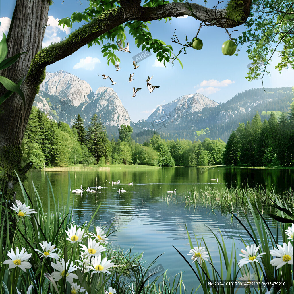 山水画风景画湖泊湖畔