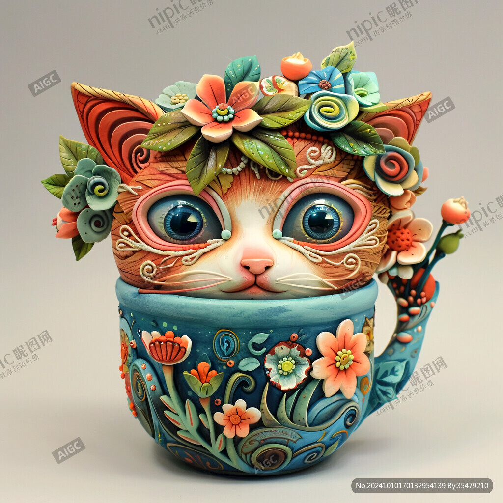 彩塑泥巴花猫