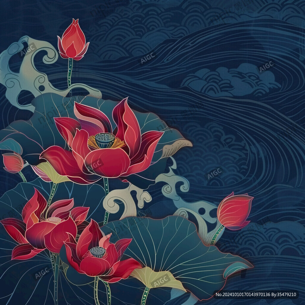 深蓝背景荷花图