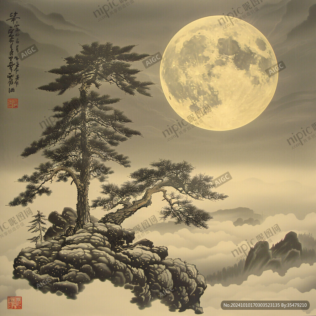 手绘工笔画迎客松