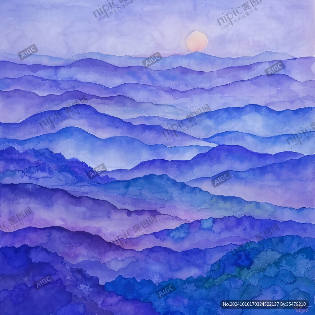 水墨画蓝紫色水彩画