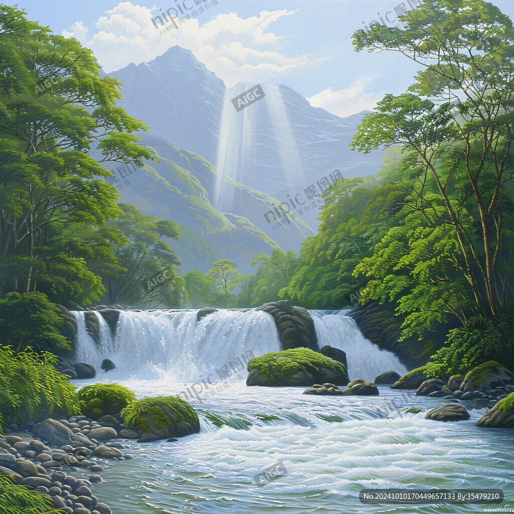 山水风景油画瀑布