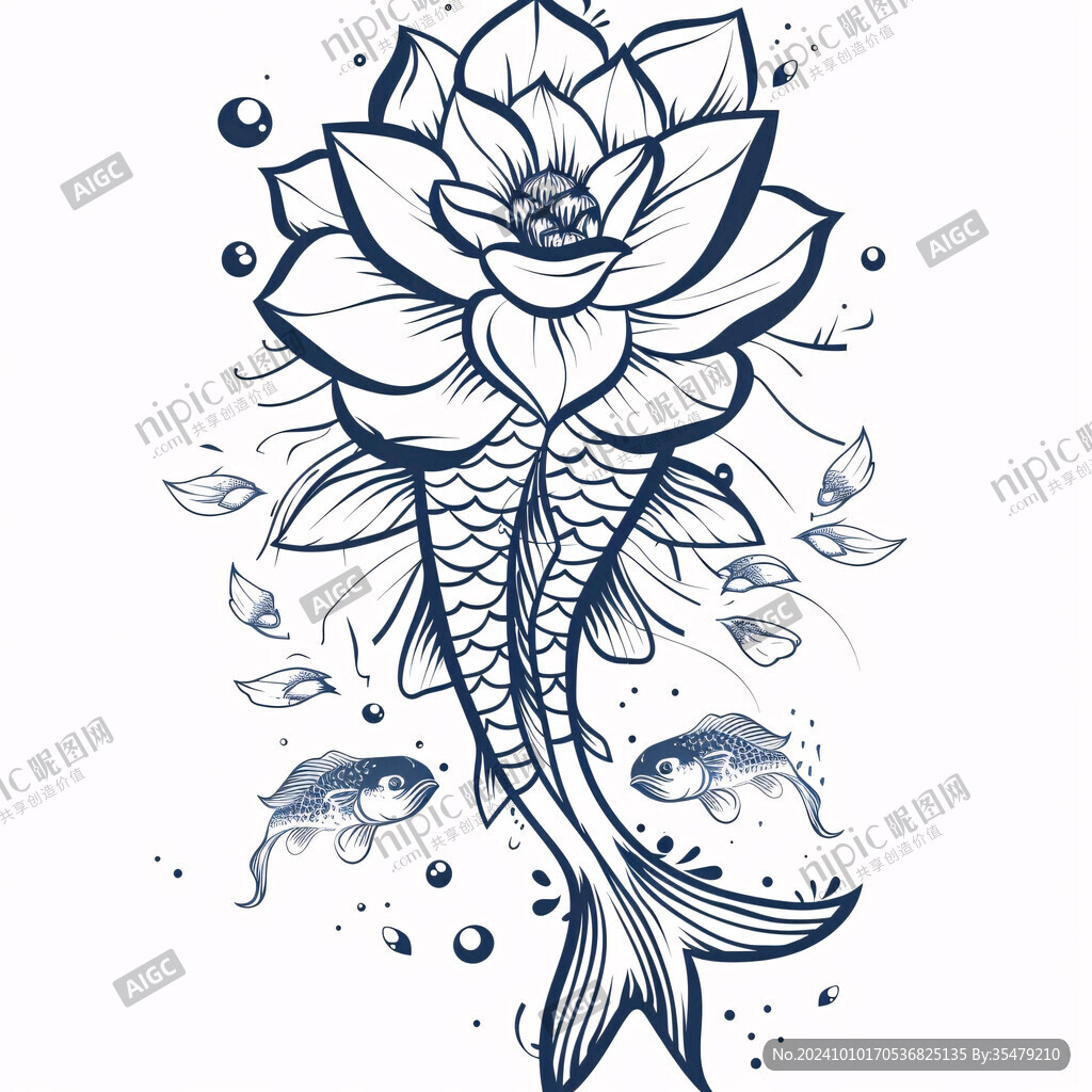 莲花和鱼手绘插画