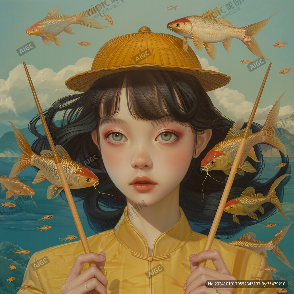 女孩摸鱼插画