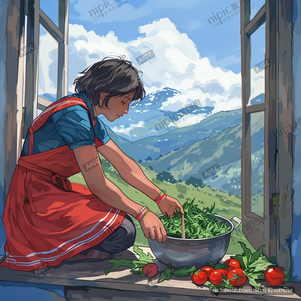 采摘农家少女插画