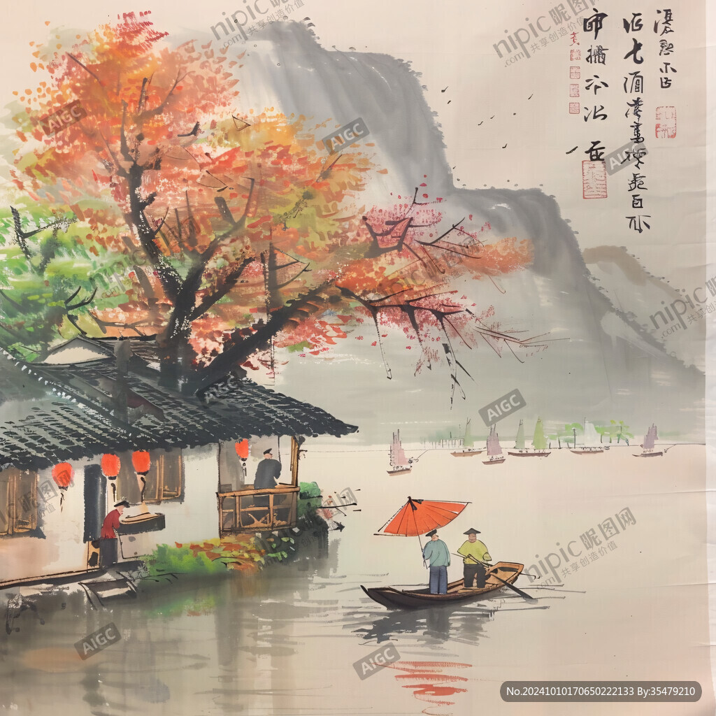 水上船家山水画