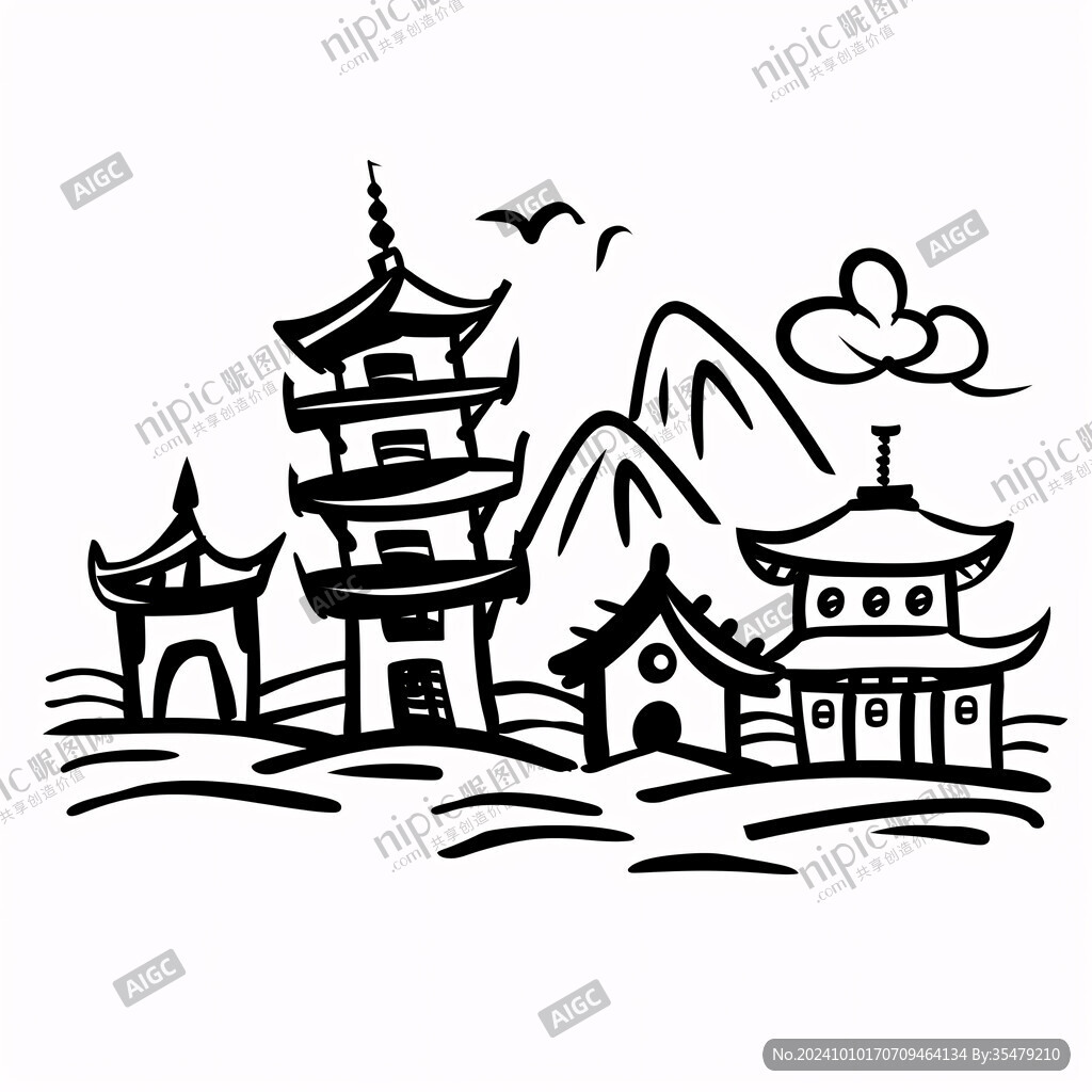 线描仙鹤楼阁