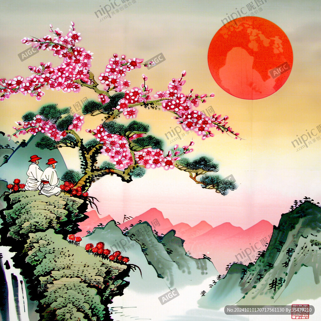 梅花仙鹤旭日东升
