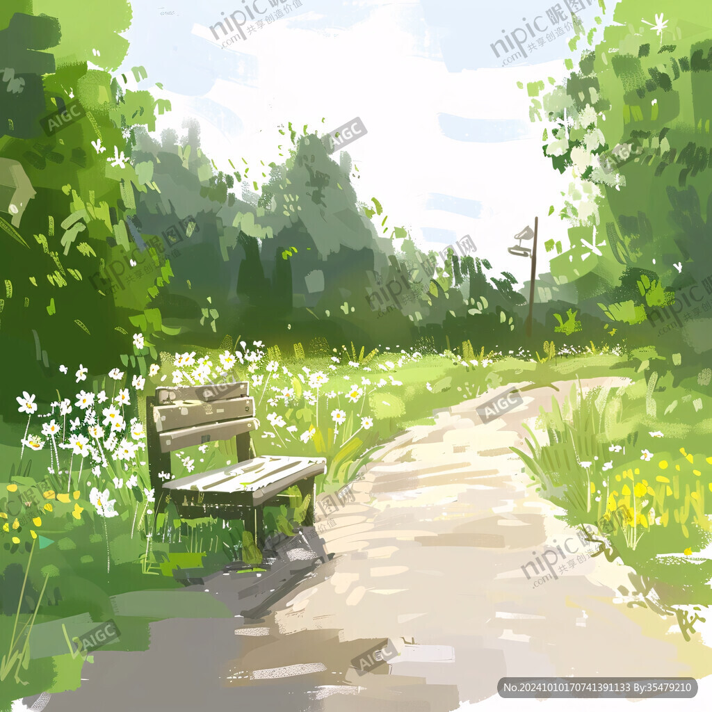 插画园林花园公园