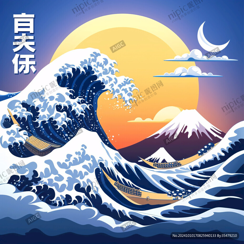 手绘海浪旭日东升