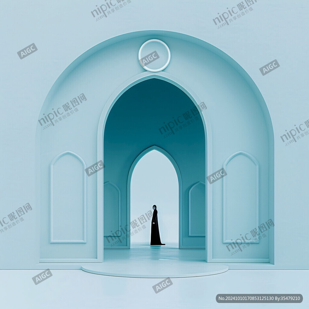蓝色的几何图形拱门和圆形讲台