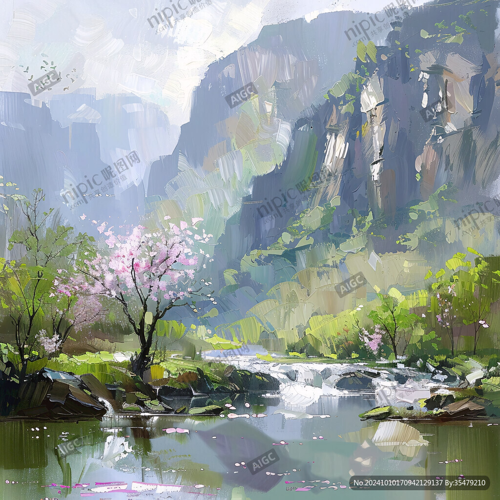 山涧小溪绘画