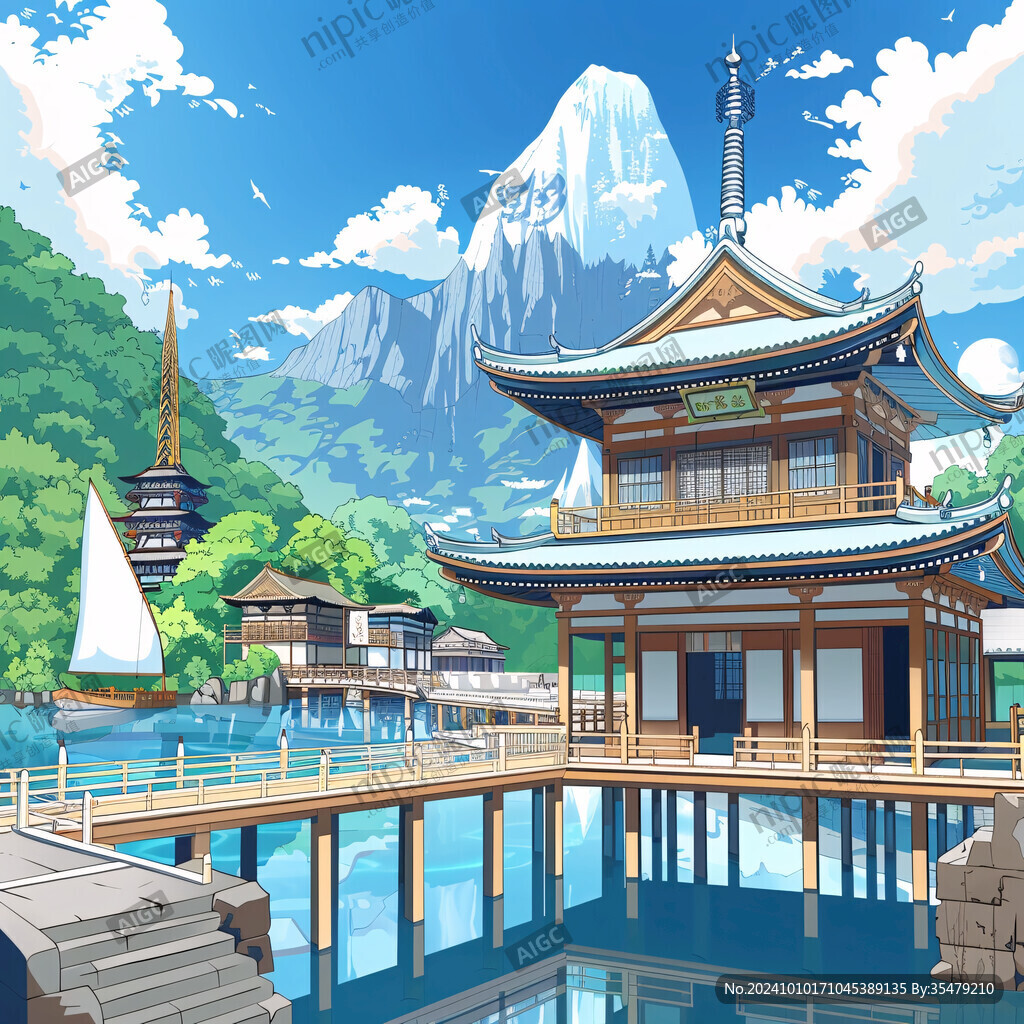 日式湖景建筑