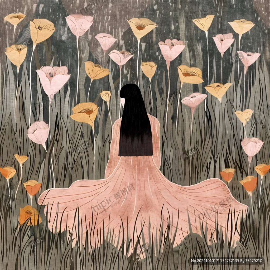 花丛女孩插画