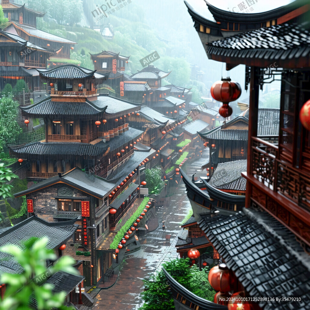 中式古代建筑雨景