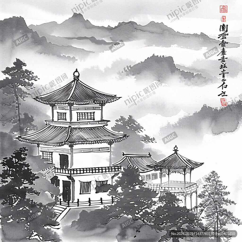 古楼水墨画