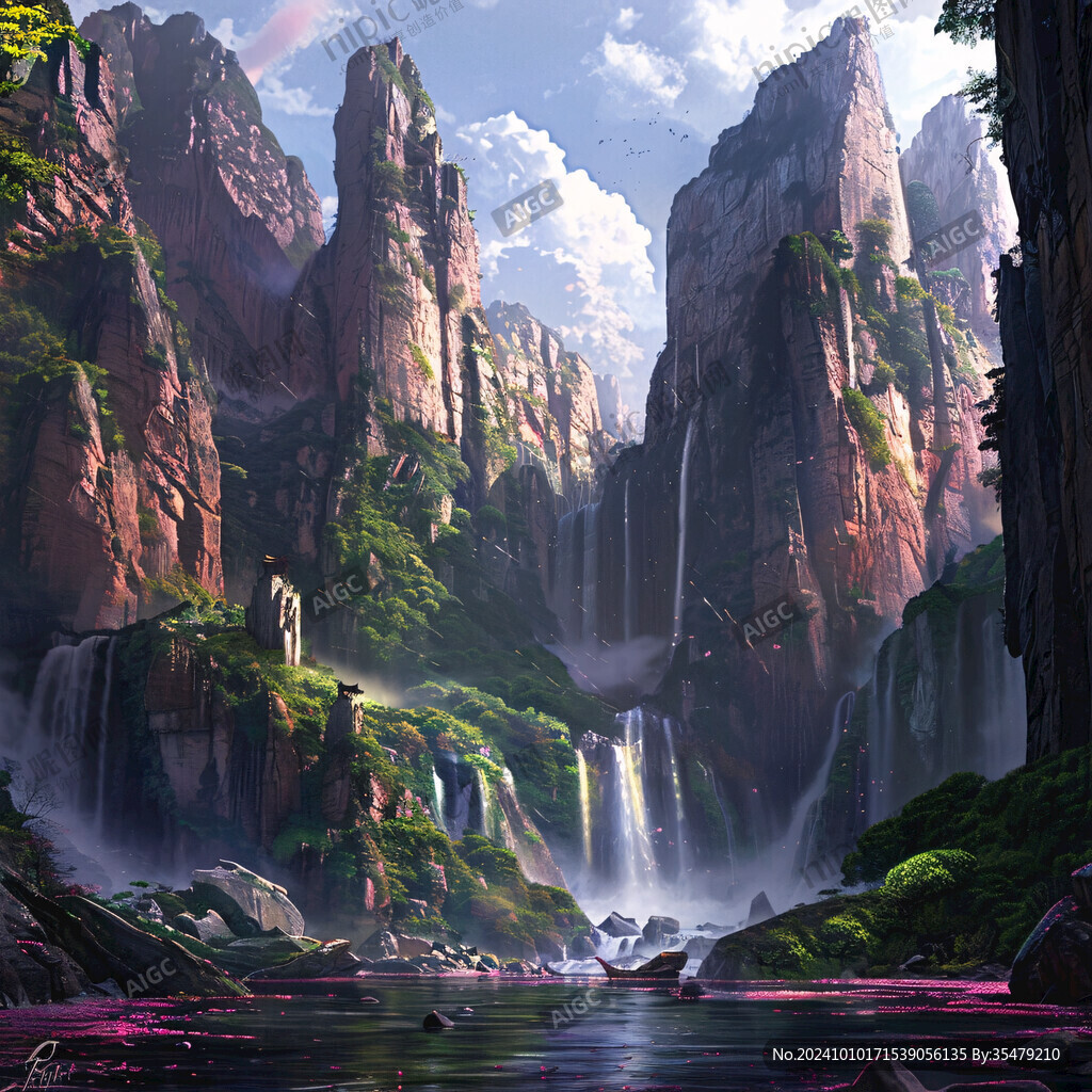 山水风景油画瀑布