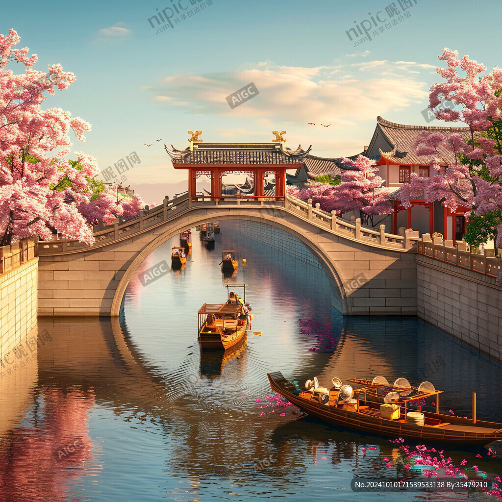 中式凉亭木船桥弹琴