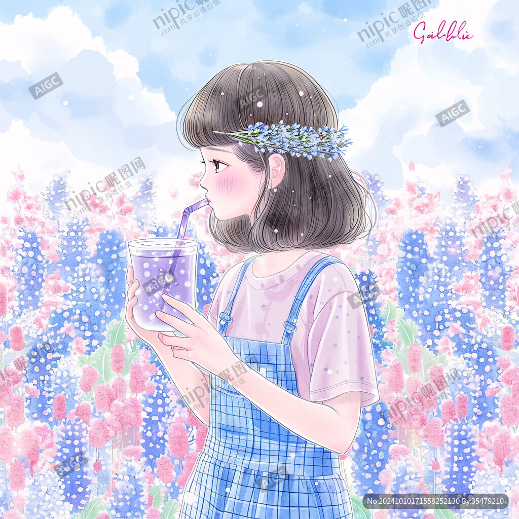 捧花蓝的女孩插画