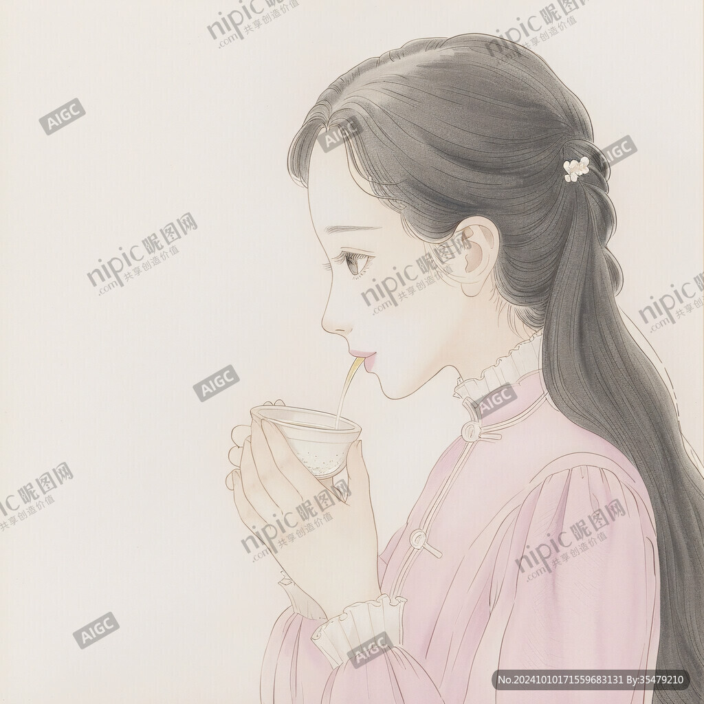 喝茶的旗袍美女插画