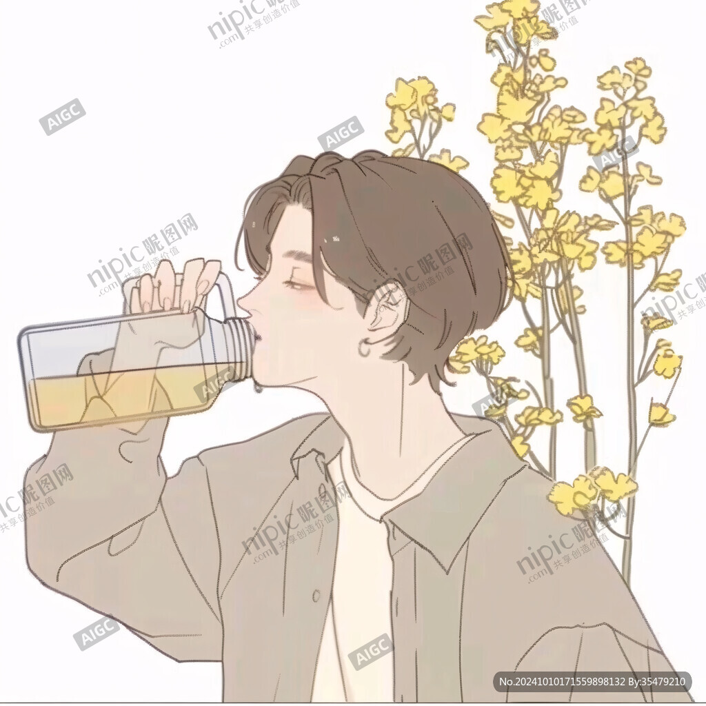 喝水的男孩原创插画