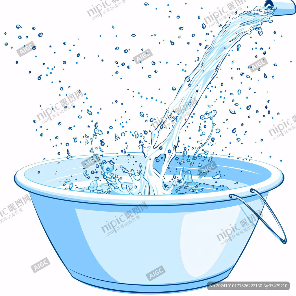 蓝色小水桶四溅水滴