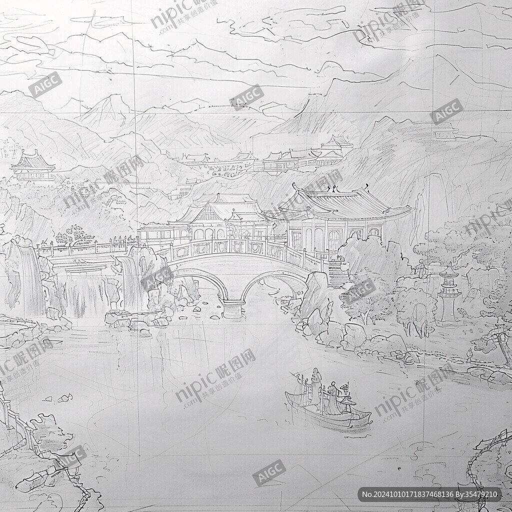 线描山水亭台楼阁壁画