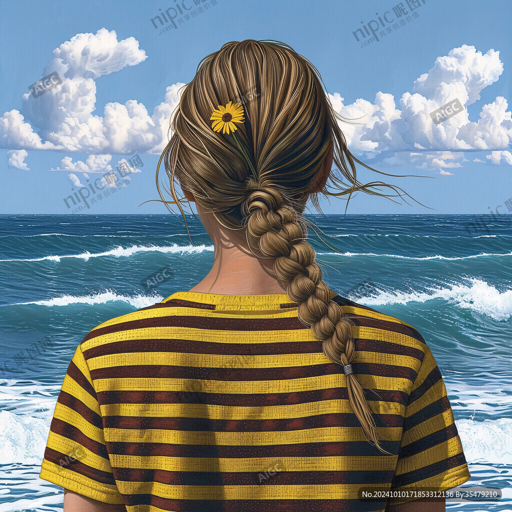 夏天看海美女背影插画