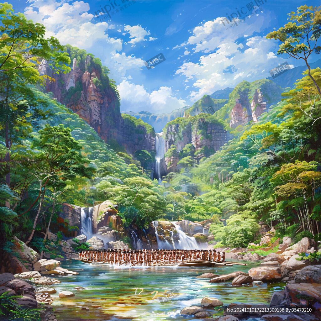 山水风景油画瀑布