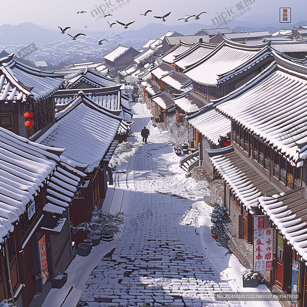 古镇冬季装饰画