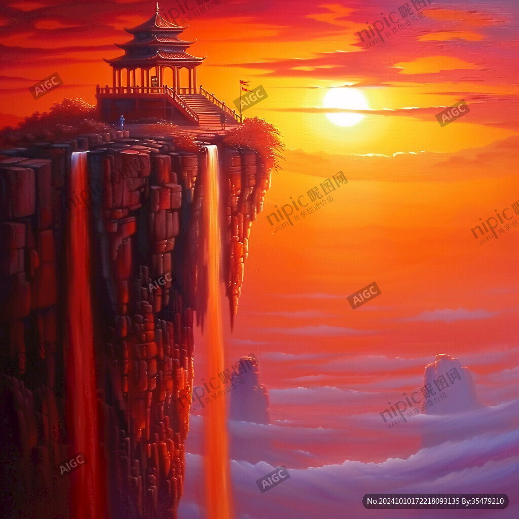 旭日东升楼阁山水画