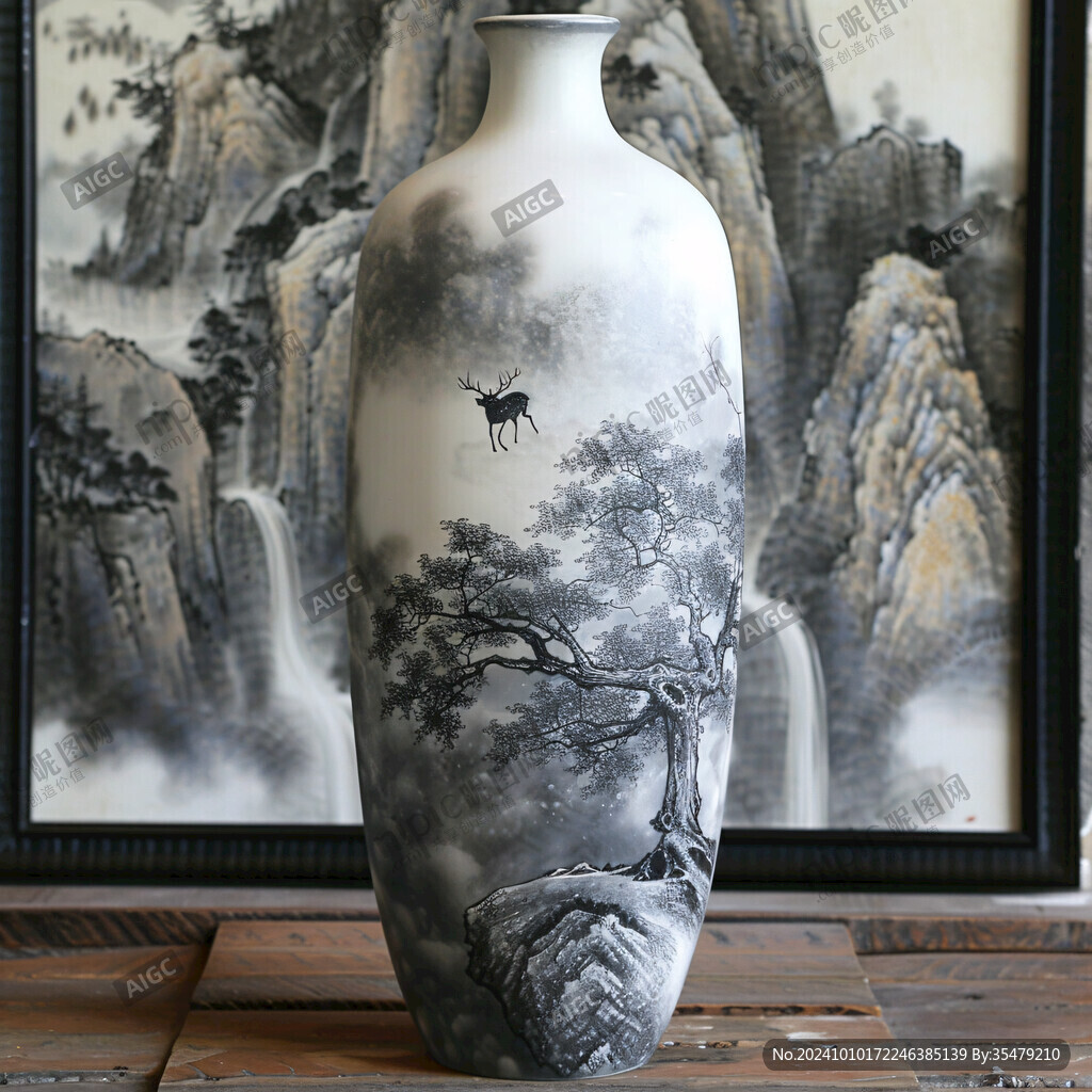青花国画山水花瓶